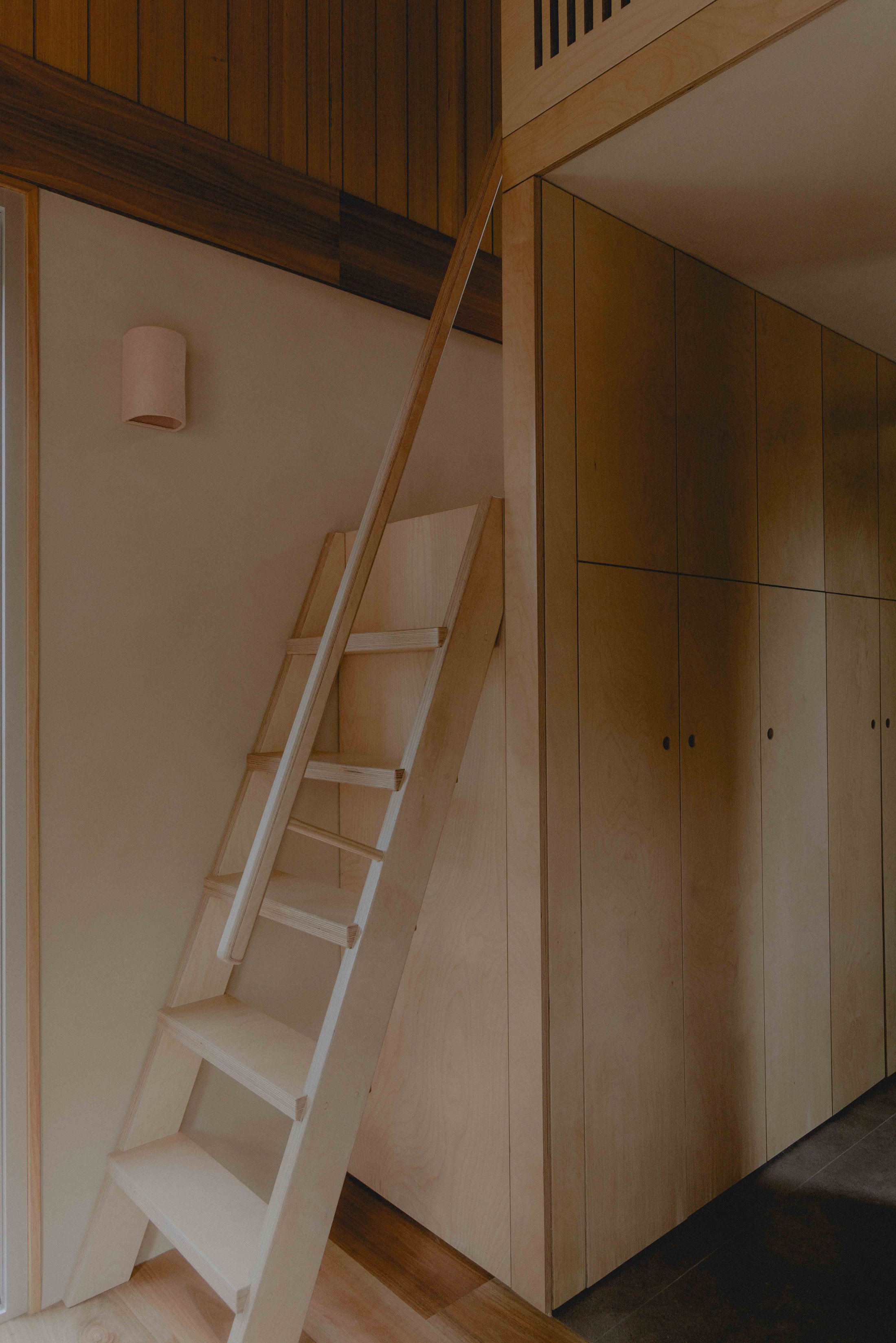 Timber loft ladder against birch ply storage wall
